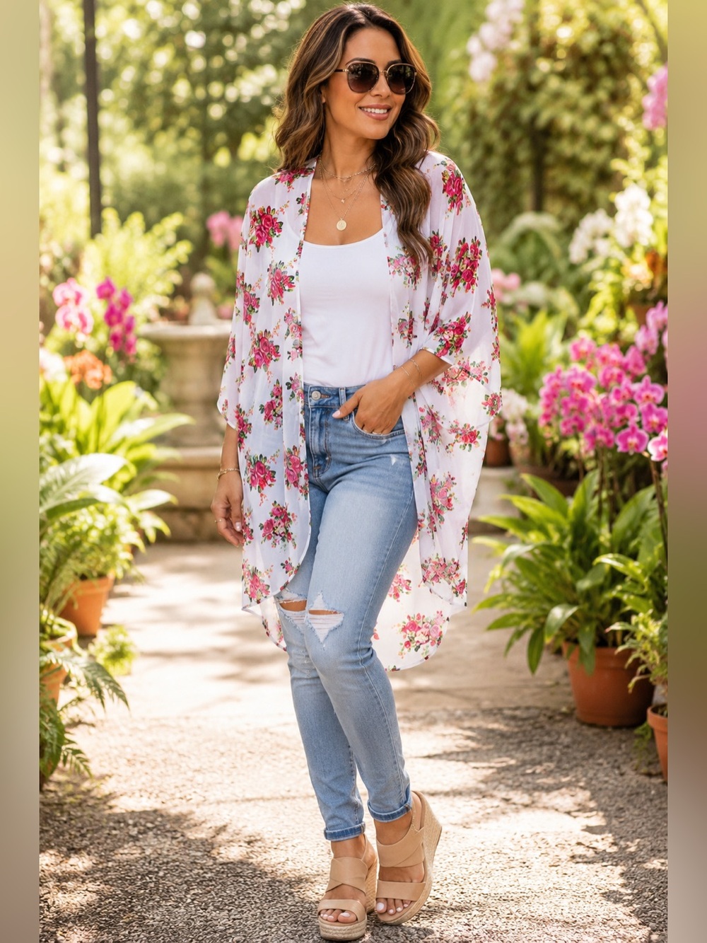 Embrace Los Angeles Floral Kimono Cardigan White Rose Print Sheer Chiffon S
